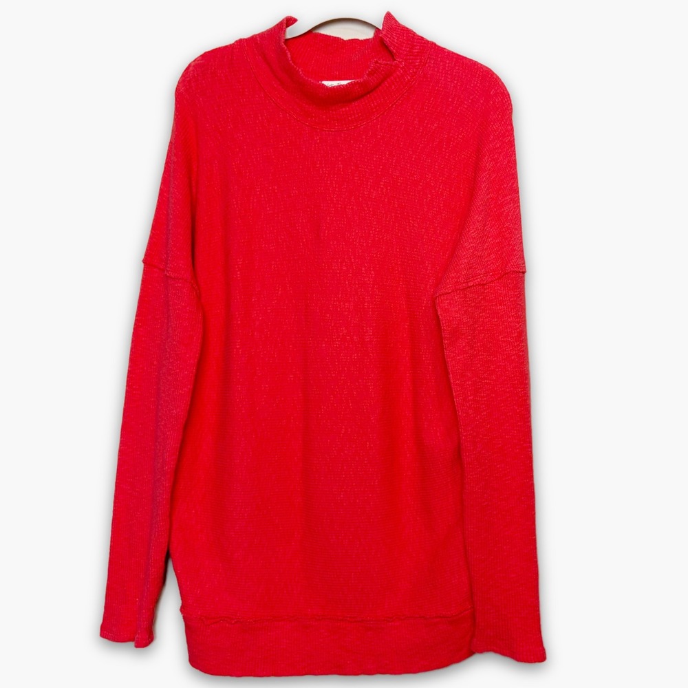 Free People We The Free Red Mock Neck Thermal Top Oversized Long Sleeve Top XS